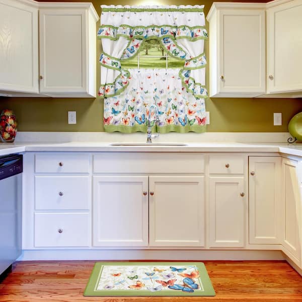 Butterflies Green Polyester Light Filtering Rod Pocket Cottage Curtain Set 57 in. W x 36 in. L