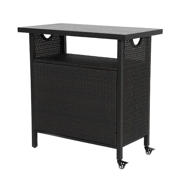 Outdoor Wicker Bar Cart, Patio Wine Serving Cart w/Wheels, Rolling Rattan Beverage Bar Counter Table for Porch