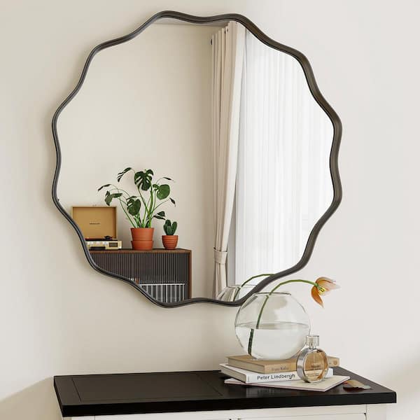 XRAMFY Black 24.1 in. W x 24.1 in. H Round Wall Vanity Mirror Wavy Deep Metal Framed Mirror
