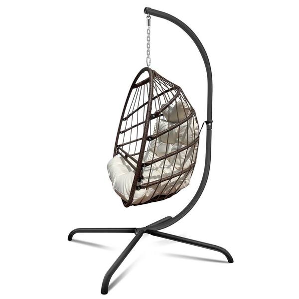 AUTMOON 1-Person Black Metal Patio Swing Folding Hanging Chair Hammock Egg Chair with Beige Cushion and Pillow