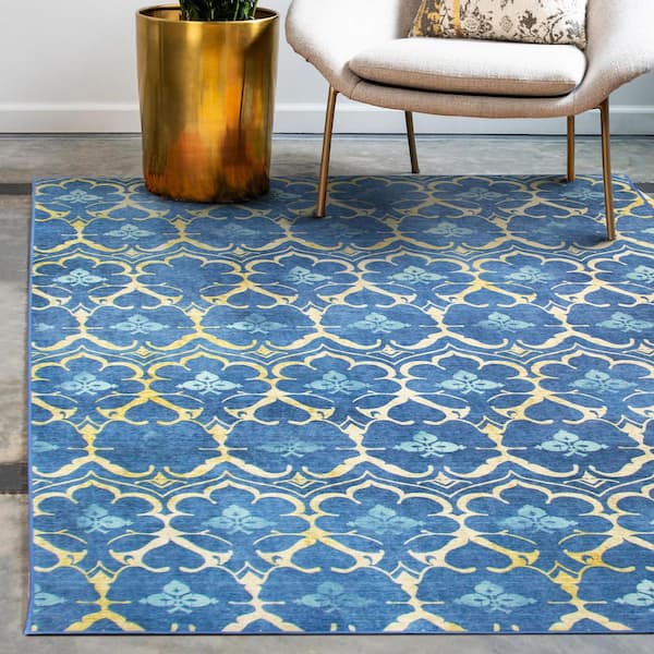 Leilani Damask Blue 5 ft. x 7 ft. Machine Washable Area Rug