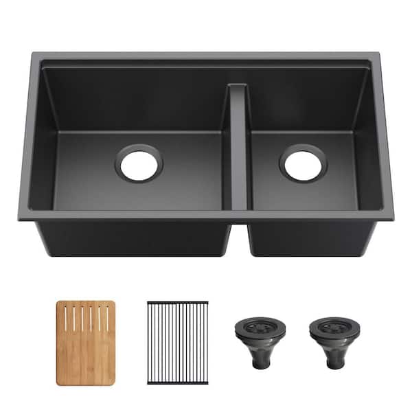 33 in. Undermount Double Bowl Matte Quartz Kitchen Sink with Cutting Board, Rolling Drying Rack