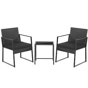 3-Piece PE Rattan Wicker Patio Conversation Set with Coffee Table and Black Cushions