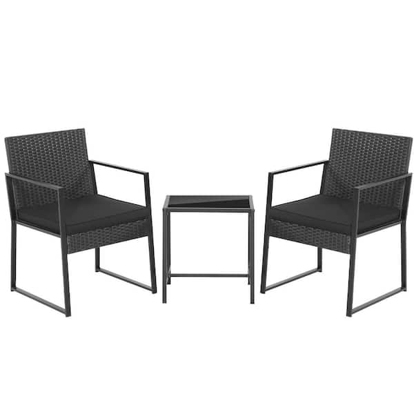 ANGELES HOME 3-Piece PE Rattan Wicker Patio Conversation Set with Coffee Table and Black Cushions