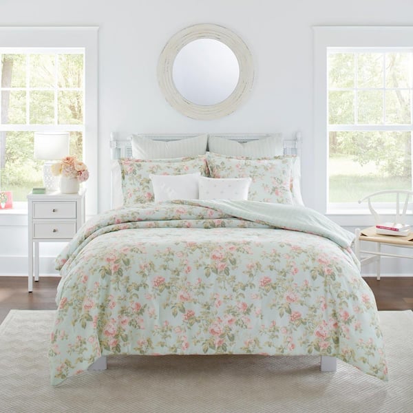 Laura Ashley Madelynn 7-Piece Blue Floral Cotton Full/Queen Comforter Set