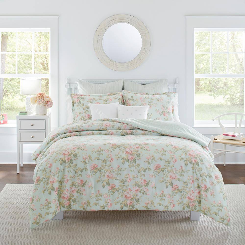 Laura Ashley Madelynn 7-Piece Blue Floral Cotton King Comforter Set - 1