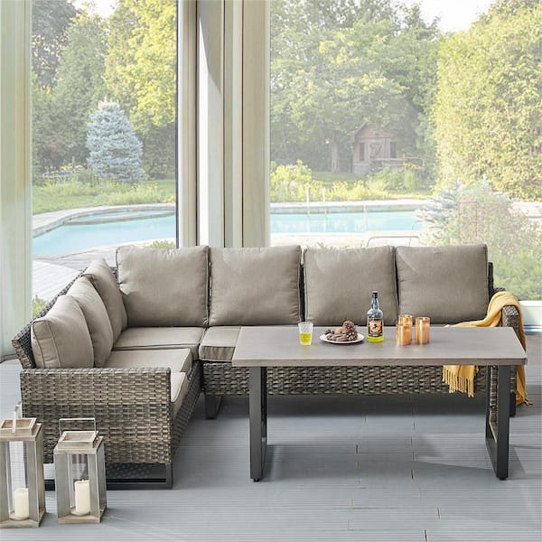 Gymojoy Valente Gray 3-Pieces Wicker Patio Conversation Sectional Seating Set with Cushion Guard Gray Cushions