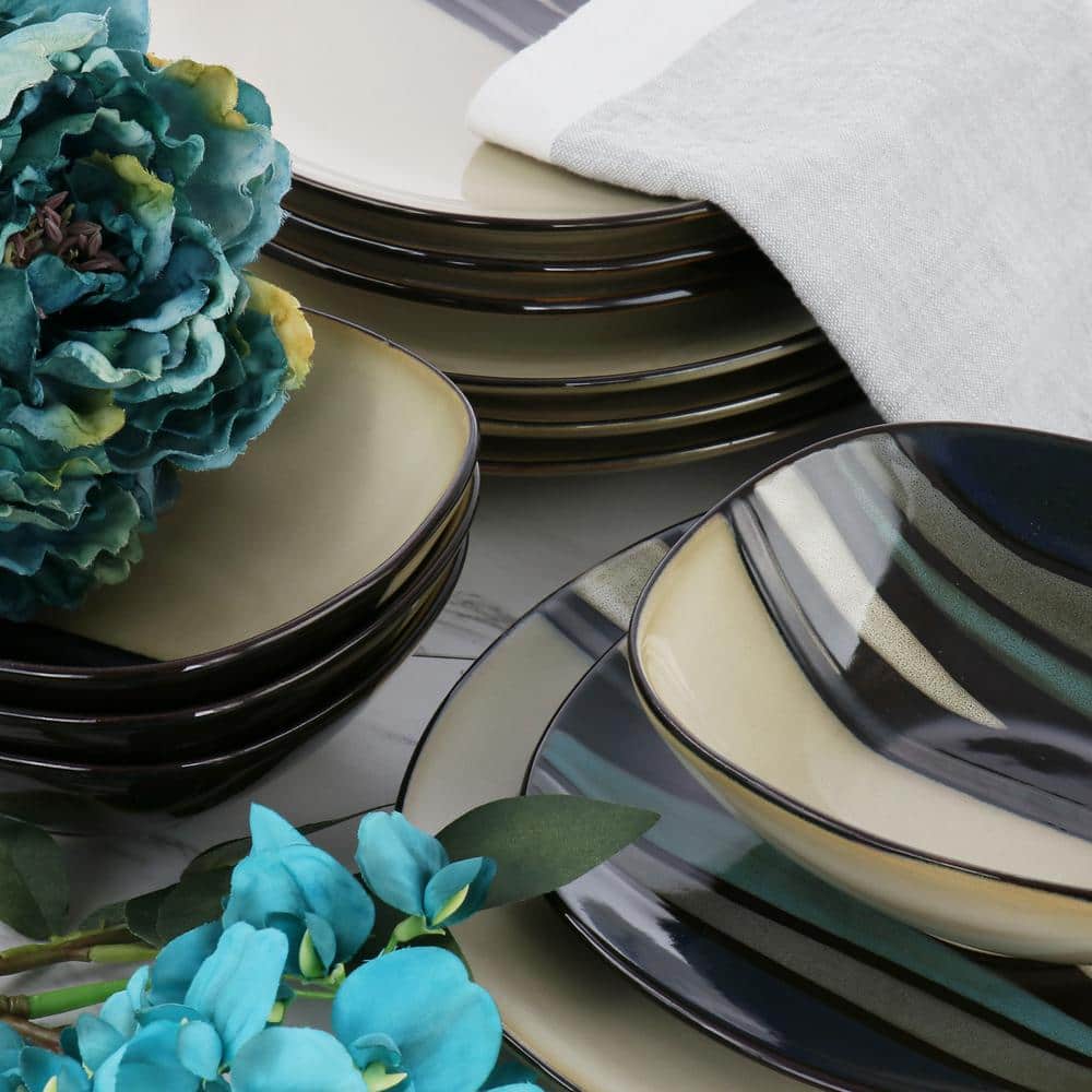 Teal and Black Ceramic Square Dinnerware Set, Service for 4