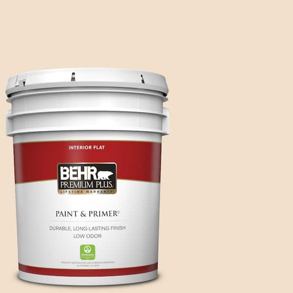 BEHR PREMIUM PLUS 5 gal. #OR-W02 So Much Fawn Flat Low Odor Interior Paint & Primer