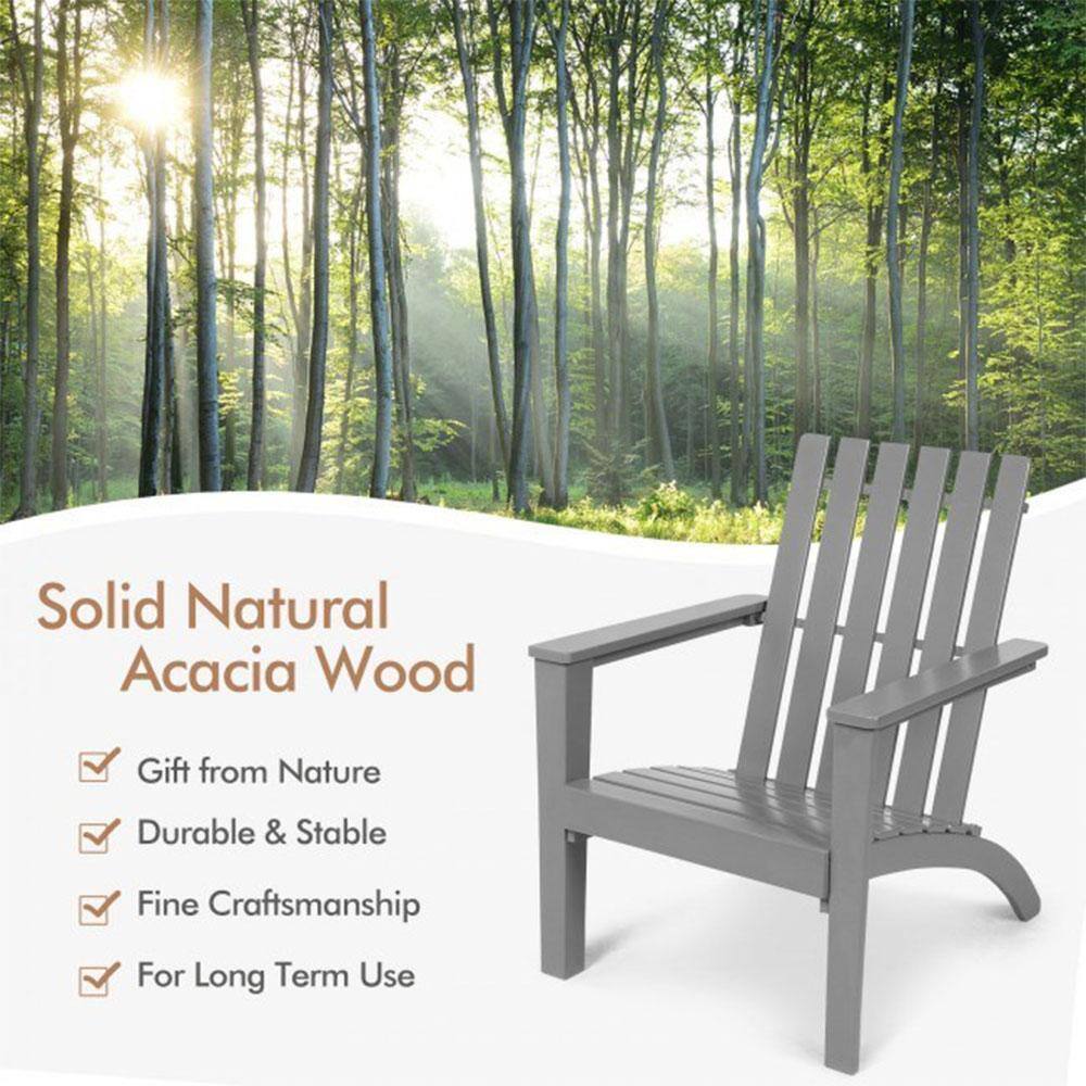 Infographic highlighting the solid natural acacia wood of a grey Adirondack chair.