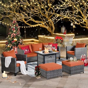 Megon Holly 6-Piece Wicker Outdoor Patio Fire Pit Seating Sofa Set with Orange Red Cushions