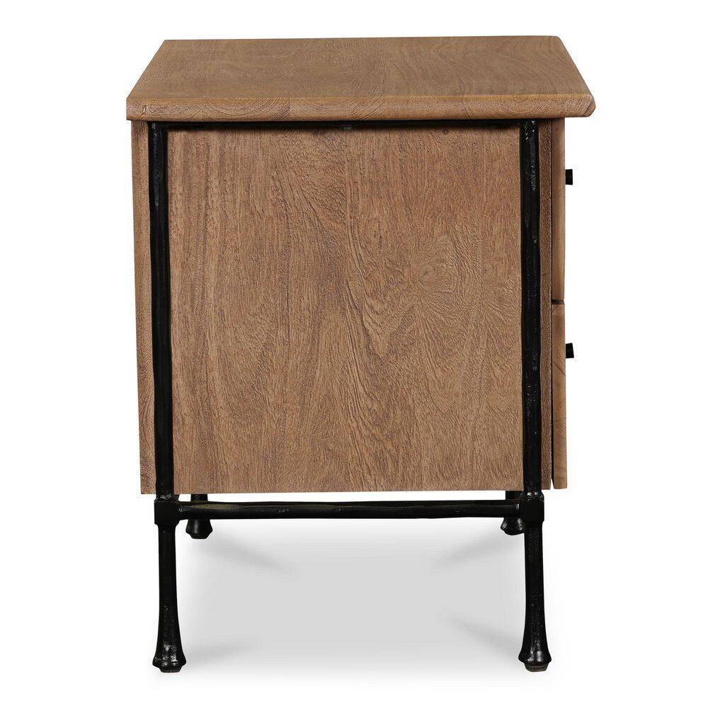 Side view of a brown 2-drawer nightstand.