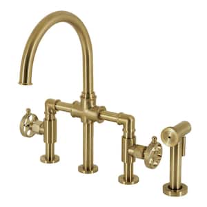 Webb Double Handle Deck Mount Gooseneck Bridge Kitchen Faucet with Brass Side Sprayer in Brushed Brass