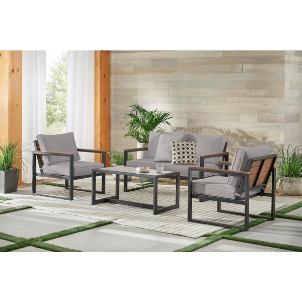 Reviews For Hampton Bay West Park 4 Piece Black Aluminum Outdoor Patio Conversation Set With Cushionguard Stone Gray Cushions The Home Depot Aluminum Outdoor Patio Conversation, Western Outdoor Furniture Reviews