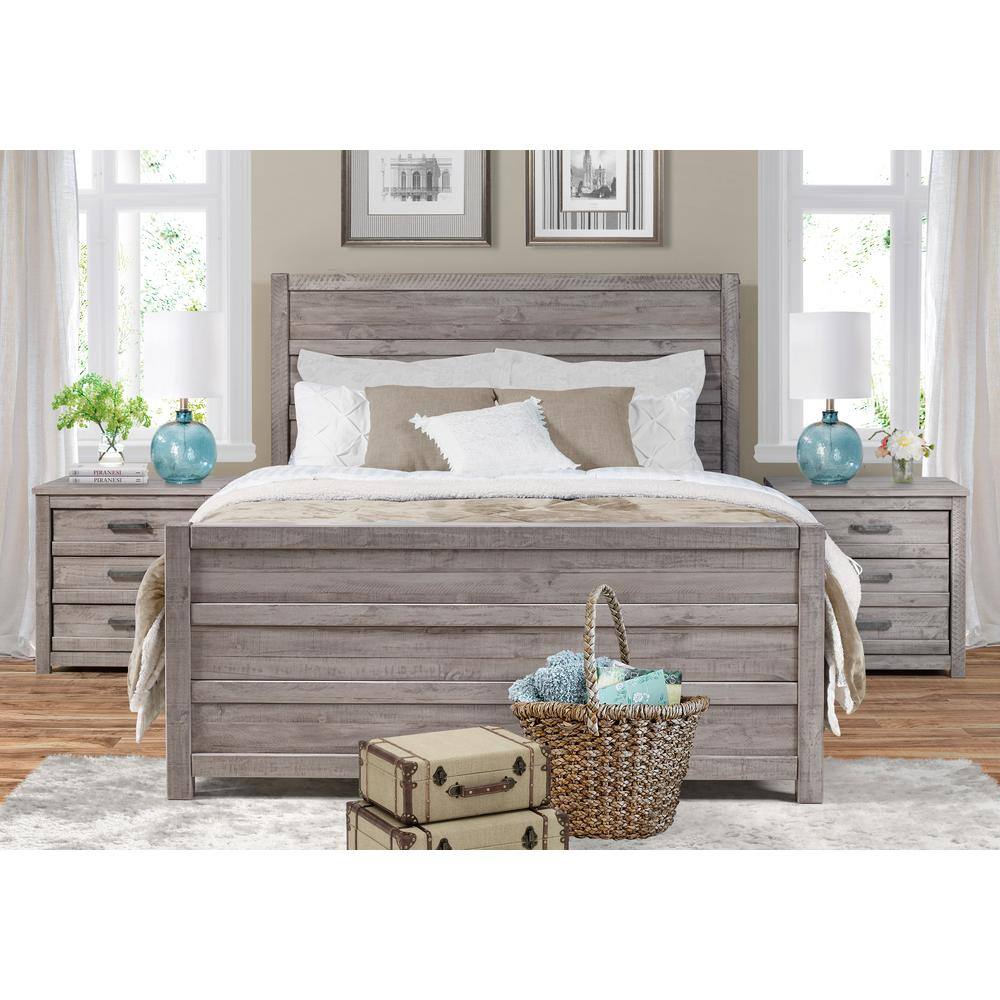 Carmel Queen Antique Gray Pine Wood Bed Frame