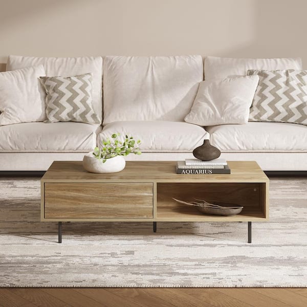 LuxenHome 23.6 in. Brown Mid-Century Modern Wave 1-Drawer Rectangle Wood Coffee Table with Storage and Metal Legs
