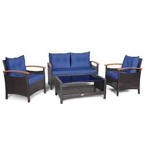 4-Piece Wicker Patio Conversation Set with Navy Cushioned Sofa and Storage Table