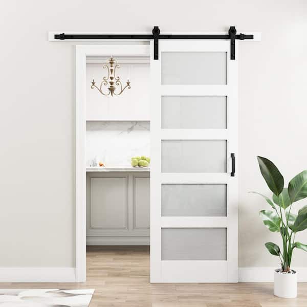 30 in. x 80 in. 5 Lite Tempered Frosted Glass White Primed Glass Sliding Barn Door with Hardware Kit