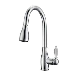 Cullen Single Handle Deck Mount Gooseneck Pull Down Spray Kitchen Faucet with Metal Lever Handle 2 in Polished Chrome