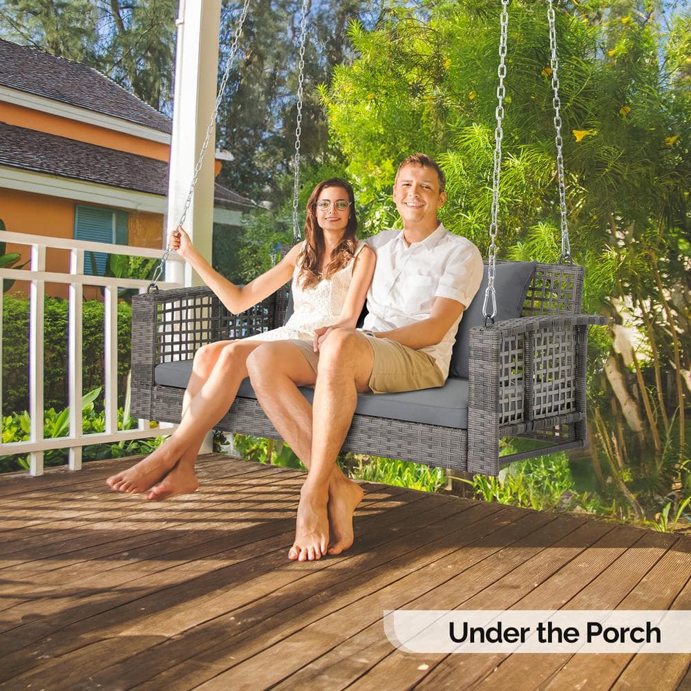 Gray Wicker 2-Person Porch Swing with Cushions and Steel Frame