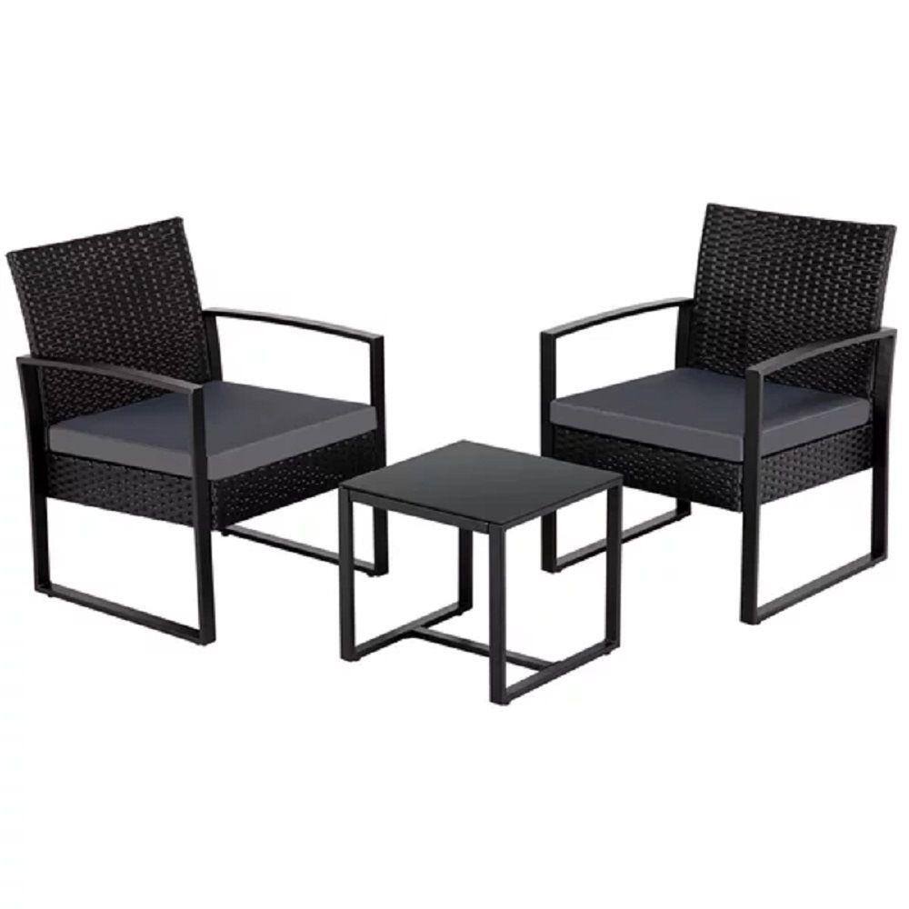 Afoxsos Black 3Piece PE Rattan Wicker Outdoor Patio Conversation Set