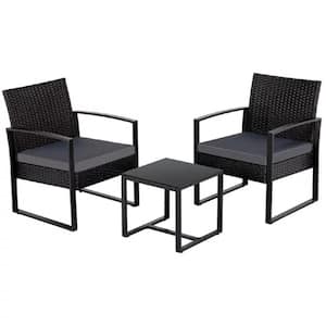 Black 3-Piece PE Rattan Wicker Outdoor Patio Conversation Set with Black Cushions and Coffee Table