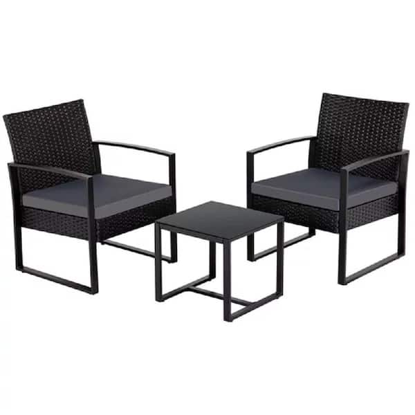 Afoxsos Black 3-Piece PE Rattan Wicker Outdoor Patio Conversation Set with Black Cushions and Coffee Table