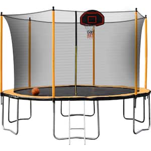 12 ft. Outdoor Round Orange Trampoline with Basketball Hoop, Hoop, Net, Rubber Ball, Inflator and Ladder