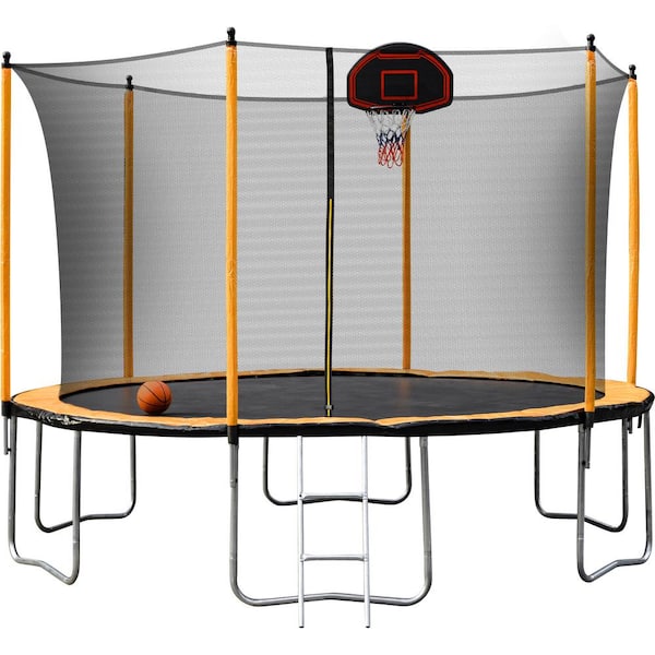 Tenleaf 12 ft. Outdoor Round Orange Trampoline with Basketball Hoop, Hoop, Net, Rubber Ball, Inflator and Ladder