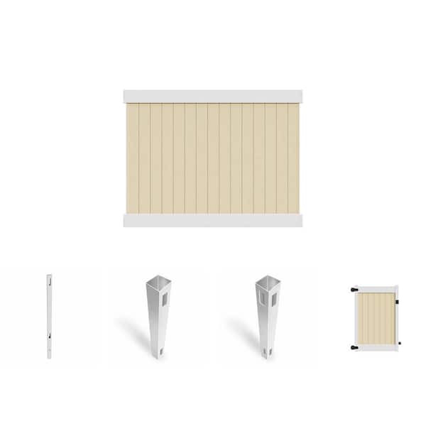 Roosevelt 6 ft. H x 8 ft. W Two-Toned White and Sand Privacy Vinyl Fence Panel with 4 ft. Gate and Posts