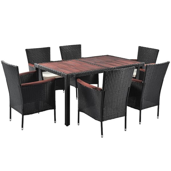 HOTEBIKE 7-Piece Brown PE Rattan Wicker Patio Outdoor Dining Set, Acacia Wood Tabletop, Armrest Chairs with Beige Cushions