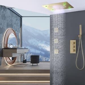 LED Thermostatic Triple-Handle 4-Spray Shower Faucet 3.7 GPM with Body Spray in Brushed Gold (Valve Included)