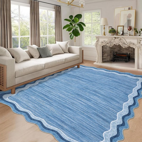 Washable Carpet Blue 9 ft. x 12 ft. Soft Non-Slip Thin Area Rug Irregular Solid Color Decorative Carpet