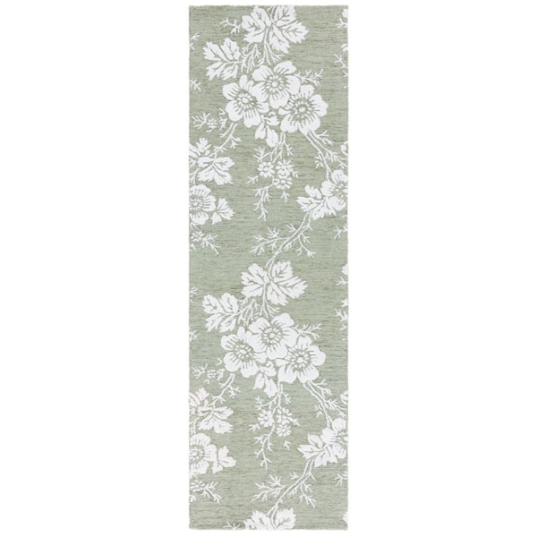 Glamour 2 ft. x 8 ft. Sage/Ivory Solid Floral Runner Rug