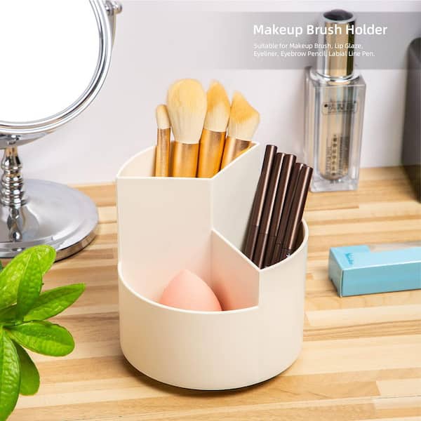 3 Slots 360° Rotatin.g Pen Holder, Desktop Organizer for Stationery, Makeup Tools, and Office Supplies - White