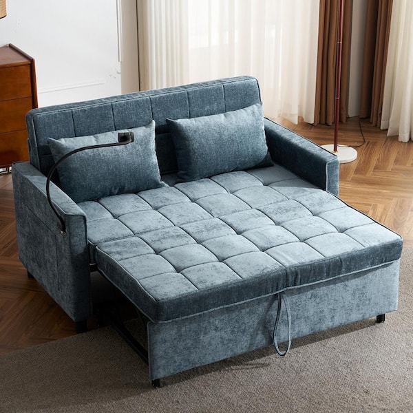 56.9 in. Blue Chenille Fabric Twin Pull-Out Sofa Bed Convertible Loveseat with Side Pockets, USB Ports, Phone Holder