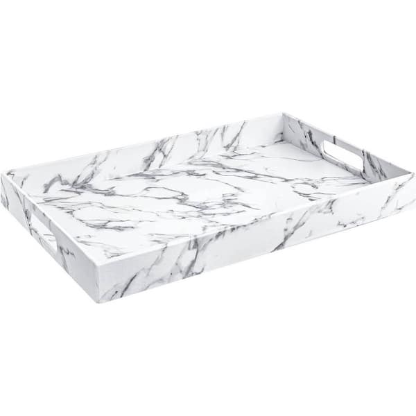 White Marble Rectangular Faux Leather Decorative Serving Tray with Handles