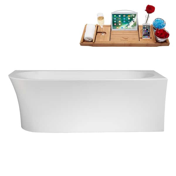 Streamline 67 in. x 30 in. Acrylic Freestanding Soaking Bathtub in Glossy White with Polished Chrome Drain, Bamboo Tray