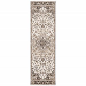 2' X 8' Ivory And Blue Oriental Power Loom Stain Resistant Runner Rug With Fringe