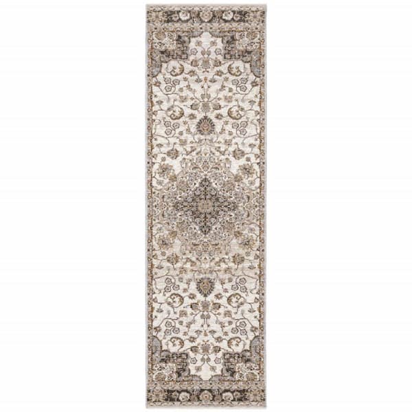 HomeRoots 2' X 8' Ivory And Blue Oriental Power Loom Stain Resistant Runner Rug With Fringe