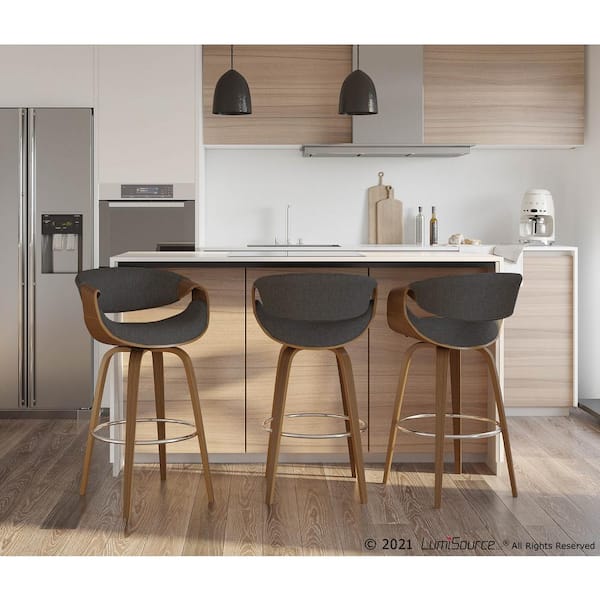 Curvini 40 in. Bar Stool in Charcoal Fabric and Walnut Wood (Set of 2)
