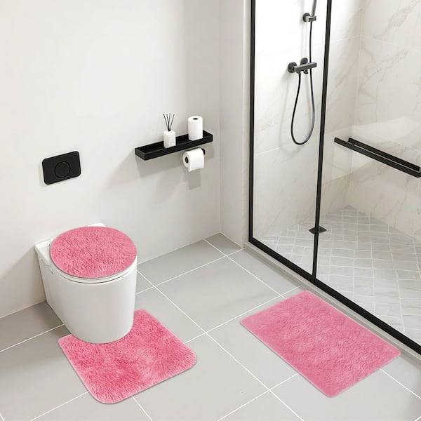 Pink Bathroom Rugs, 3-Pieces Polyester Bath Mats Set, Anti-Slip Bathroom Mat