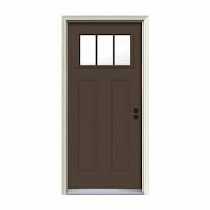 32 in. x 80 in. 3 Lite Craftsman Dark Chocolate Painted Steel Prehung Left-Hand Inswing Front Door w/Brickmould