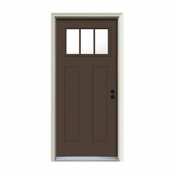 32 in. x 80 in. 3 Lite Craftsman Dark Chocolate Painted Steel Prehung Left-Hand Inswing Front Door w/Brickmould