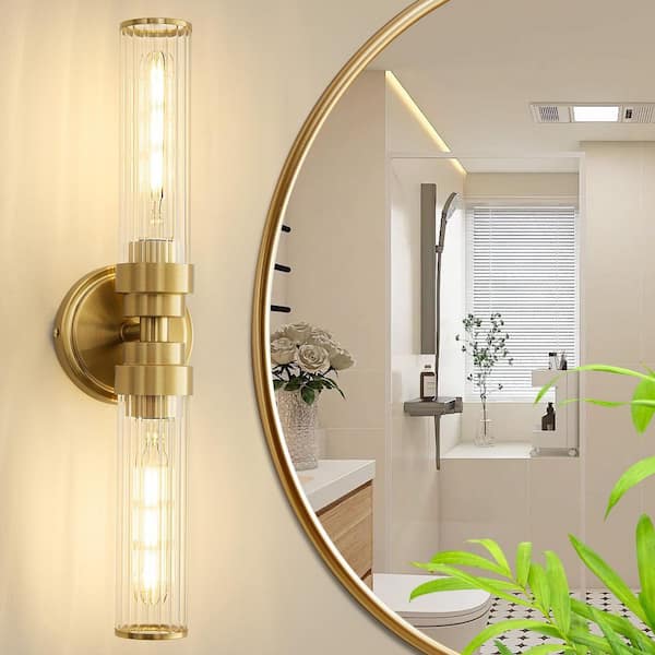 2-Light Vintage Gold Wall Sconce with Fristed Clear Glass Shade Industrial Antiqued Bathroom Vanity Light