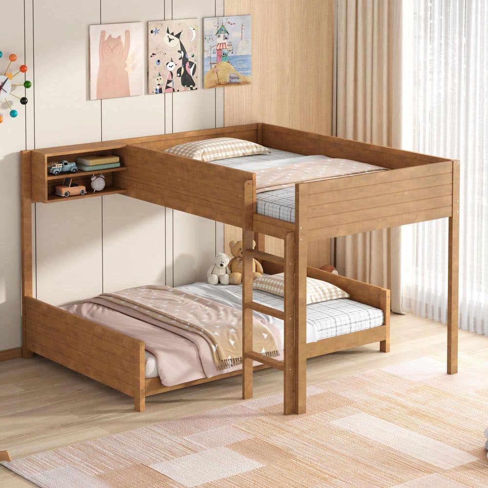Harper & Bright Designs Walnut Full XL Over Full XL Wood Frame Bunk Bed ...