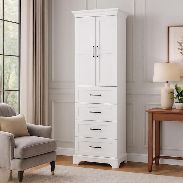 White 71.6 in. H Modern Storage Cabinet with Adjustable Shelves, Damping-Hinge Doors, 3 Drawers