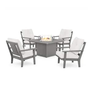 Prairie 5-Pieces Plastic Patio Fire Pit Deep Seating Set in Slate Grey with Natural Linen Cushions