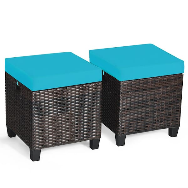 Costway 2-Piece Wicker Outdoor Patio Ottoman with Turquoise Cushions