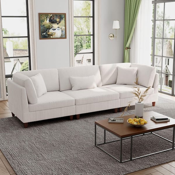 112.1 in. Straight Arm 3-Piece Corduroy Upholstered 3-Seater Sectional Sofa in Beige
